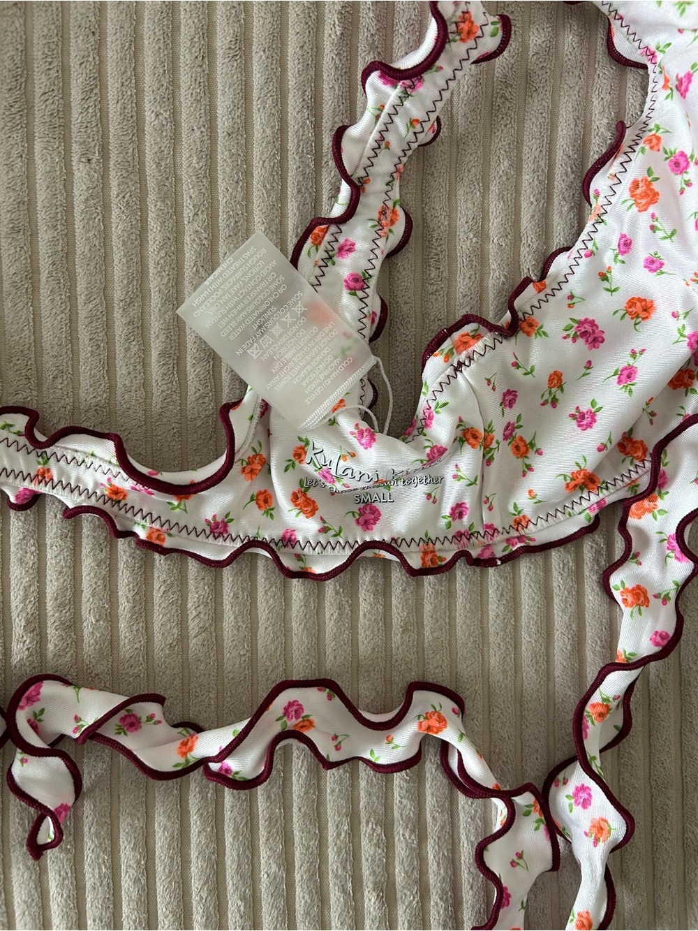 Kulani Kinis White Floral Ruffle Bikini Top with Pink & Orange Flowers - Picture 3 of 4